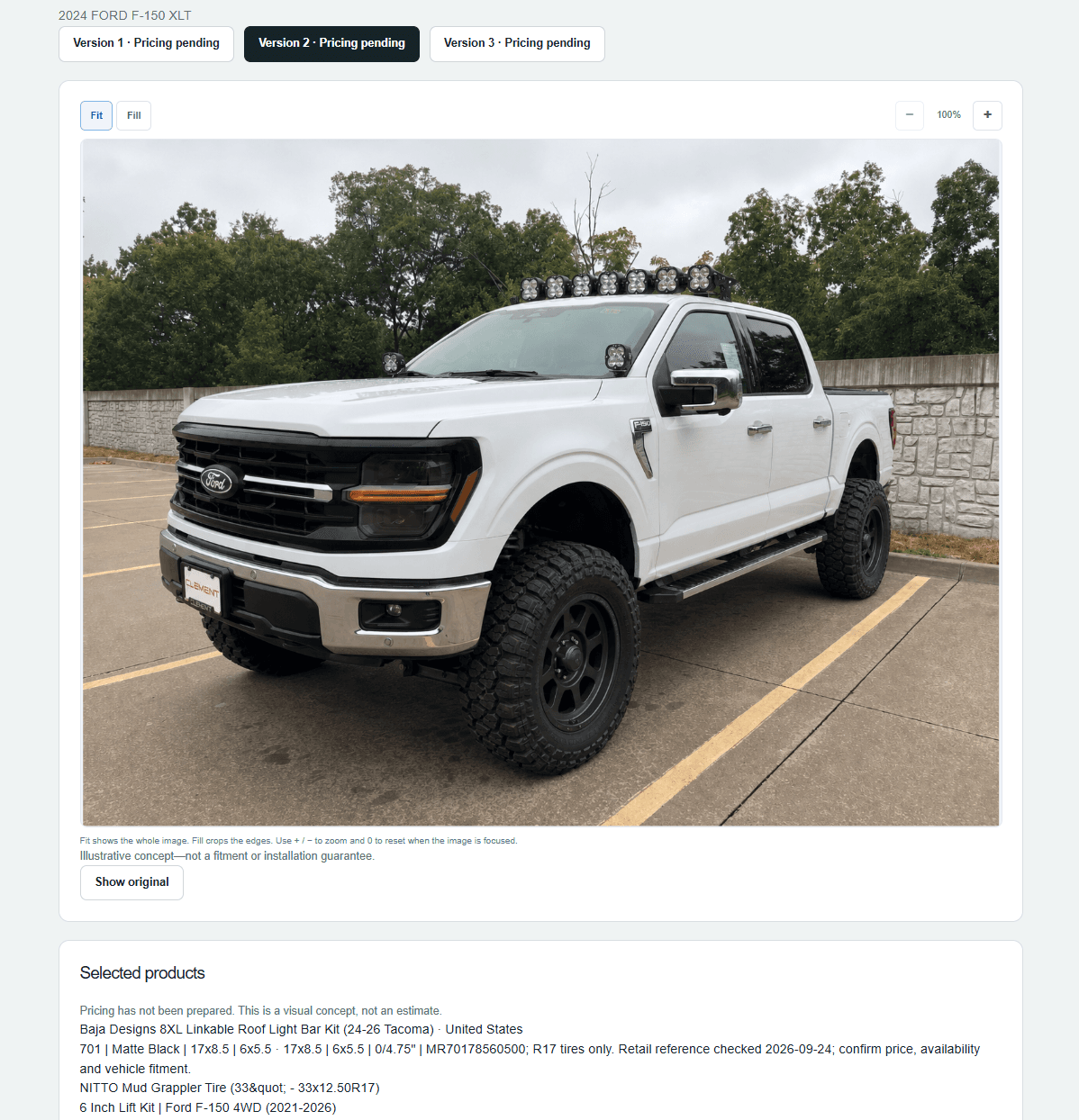 Actual BiltRides workspace showing a Ford F-150 visual concept in Version 2
